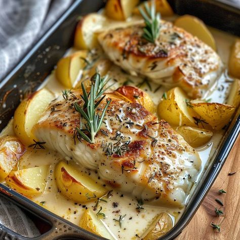 🌿🐟 Try Cod & Potatoes in Rosemary Cream Sauce! Creamy, savory, and oh-so-satisfying. #CodAndPotatoes #CreamyGoodness Cod & Potatoes in Rosemary Cream Sauce Recipe 🌟 Ingredients: 500g cod fillets 400g potatoes, thinly sliced 200ml heavy cream 100ml milk 30ml olive oil 2 garlic cloves, minced 10g fresh rosemary, chopped 5g paprika Salt and pepper to taste Instructions: Prepare the base: Preheat oven to 180°C (350°F). In a greased baking dish, layer sliced potatoes. Drizzle with olive oil an... Cod And Potatoes Recipes, Cod In Cream Sauce, Cod Potatoes, Rosemary Cream Sauce, Cod And Potatoes, Fish With Potatoes, Cod With Potatoes, Seafood Main Course, Cod Fillets