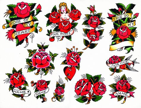 sailor jerry | Sailor Jerry Rose Flash Sheet | Flickr - Photo Sharing! Sailor Jerry Rose, Rose Tattoo Flash, Sailor Jerry Tattoo Flash, Old School Rose, Butterfly Hand Tattoo, Traditional Tattoo Old School, Sailor Tattoos, Vintage Tattoo Design, Sailor Jerry Tattoos