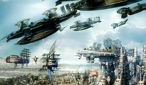 Places: Rabanastre Fantasy Airship, Fantasy Cities, Scifi Artwork, Final Fantasy Cloud, Art Final, Final Fantasy Xii, Flying Vehicles, Sci Fi City, Sci Fi Environment