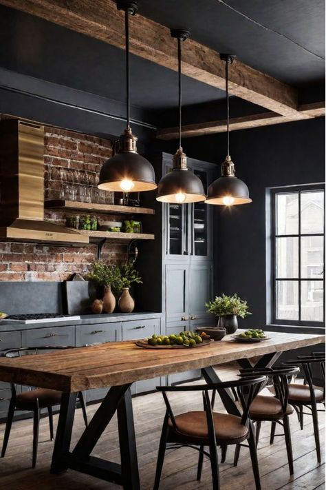 Kitchen with exposed brick and reclaimed wood table Dining Room Industrial Modern, Kitchen Brick Wall, Exposed Brick Kitchen, Kitchen 2025, Brick Wall Kitchen, Industrial Chic Kitchen, Industrial Boho, House Addition, Industrial Kitchen Design