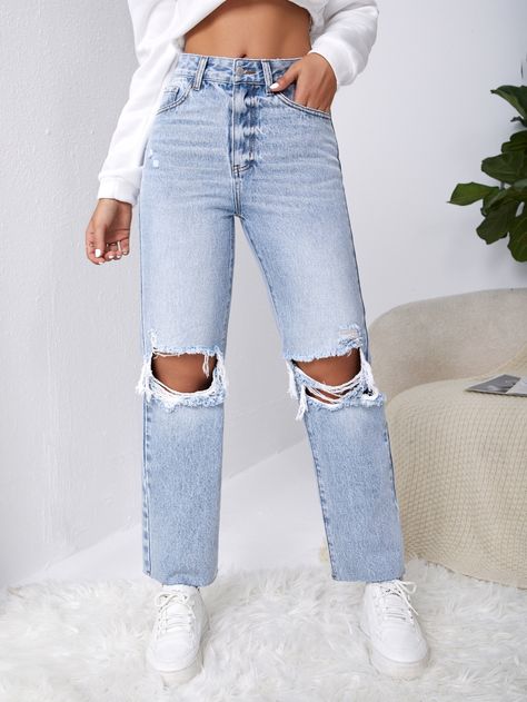 Light Wash  Collar  Denim Plain Straight Leg Embellished Non-Stretch  Women Denim Abercrombie Jeans, Traje Casual, Blouse Sleeveless, Abercrombie And Fitch Jeans, Cute Jeans, Loungewear Set, High Waisted Jeans, Floral Pants, Jeans Boyfriend