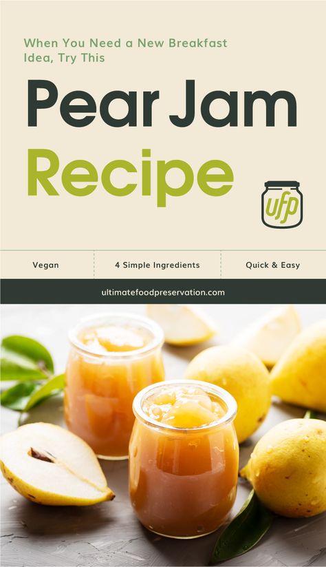 Looking for tasty fall dessert recipes? Make this easy pear jam that is that is perfect for any vegan dessert or breakfast. Since it's free of preservatives, this is a great way to make your kids eat more fruits.| More jam and jelly recipes at ultimatefoodpreservation.com #jamrecipes #homemadejam #howtomakejam #canningjam #veganrecipes #pearrecipes Pear Canning, Healthy Fall Dessert Recipes, Pear Jelly Recipes, Pear Jam Recipe, Jam And Jelly Recipes, Apricot Jelly, Jelly Making, Homestead Recipes, Easy Canning