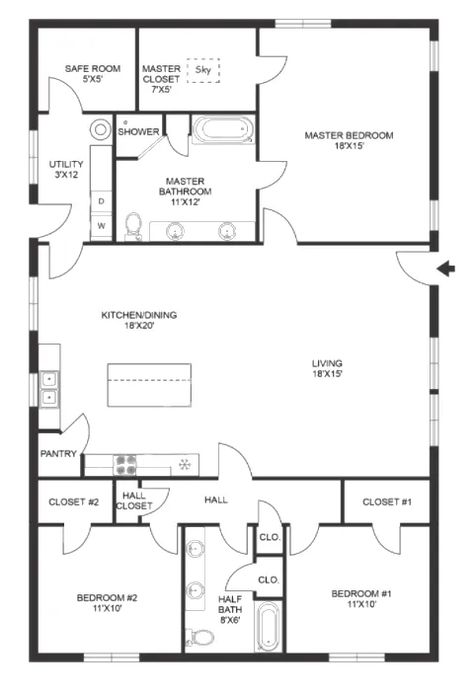 Open Concept Barndominium Floor Plans Map (With Layouts) Small Main Floor Layout Open Concept, Open Concept Blueprints, Open Concept Rectangle Floor Plan, Open Concept Bungalow Floor Plans, Split Bedroom Floor Plans Open Concept, Open Concept 3 Bedroom Floor Plan, Barndominium Layout Open Concept, Open Concept Kitchen Living Room Layout House Plans, 60x30 House Plans Layout