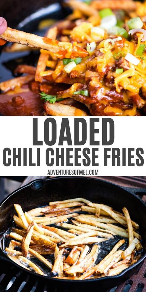 How to make loaded chili cheese fries in a cast iron skillet with crispy homemade French fries and canned chili. Easy, budget-friendly recipe that makes the best Game Day or party appetizer, and you can make it in 30 minutes or less! Loaded Chili, Campfire Cooking Recipes, Chili Easy, Foil Dinners, Chili Cheese Fries, Crispy French Fries, Homemade French Fries, Frozen French Fries, Easy Budget