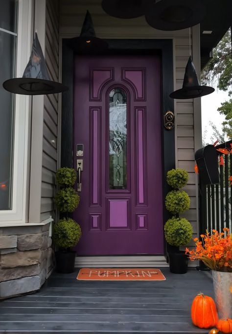 Legend has it that if you see a purple door, a witch lives there... Get inspired with this enchanting Halloween front door porch idea! The deep purple door, surrounded by floating witch hats and seasonal pumpkins, brings a perfect mix of spooky and chic to your home's entrance. This decor setup gives off major witchy vibes and is perfect for welcoming trick-or-treaters or impressing your guests. Create a magical Halloween atmosphere that will charm everyone who comes to your door!  💜💜💜 #HalloweenPorchDecor #PurpleDoor #WitchyVibes #HalloweenDecorations #FrontDoorDecor #SpookySeason #HalloweenAesthetic #PorchDecorIdeas #WitchHat #FallFrontPorch Witchy Purple Front Door, Dark Purple Door, Goth Front Door, Deep Purple Front Door, Witches Front Door, House With Purple Door, Dark Purple Front Door, Witchy Front Porch, Plum Front Door