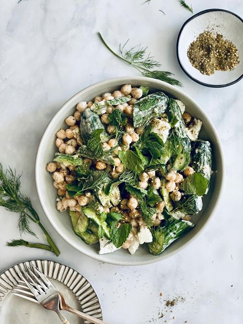 Cucumber Salad with Dill Tahini Dressing — Peter Som Cucumber Salad With Dill, Tzatziki Dressing, Salad Chickpeas, Chickpeas Salad, Smashed Cucumber, Cucumber Feta Salad, Salad With Dill, Smashed Cucumber Salad, Cucumber Dill Salad