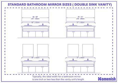 [Sponsored] Standard Bathroom Mirror Sizes (With 8 Drawings) - Homenish #bathroomvanitymirrorsinglesink Double Vanity Sink Ideas, Space Between Bathroom Mirrors, Mirror Size Guide For Double Vanity, Double Sink Bathroom Vanity One Mirror, Mirror Over 60 Inch Vanity, Mirror Size For 60” Vanity, Mirror Sizes For Vanity, Single Light Over Bathroom Mirror, Double Sink Vanity Mirror