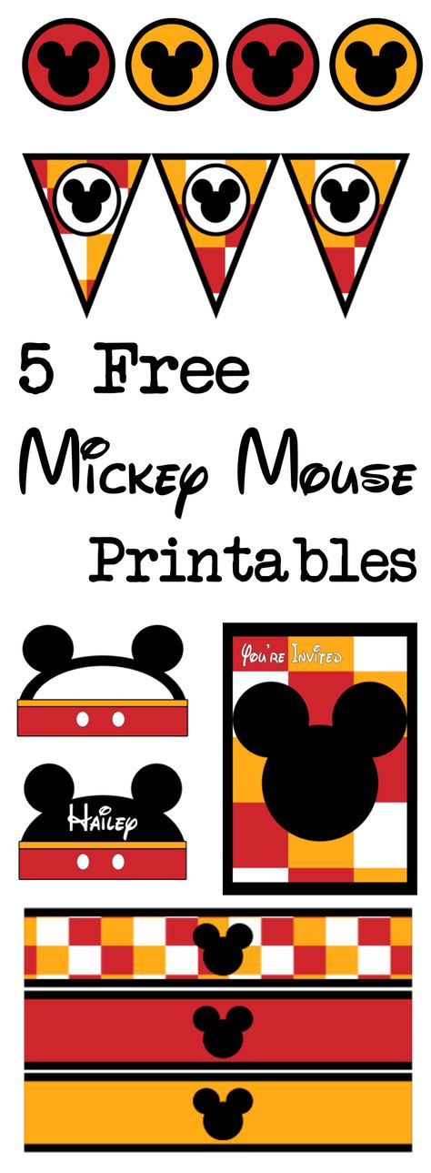 Mickey Mouse free printables for a Disney themed party. Free banner, water bottle wrappers, cupcake toppers, invitations, name cards, and food labels. Cupcakes Decoration Disney, Free Mickey Mouse Printables, Mickey Mouse Banner, Mickey Mouse Classroom, Mickey Mouse Printables, Disney Themed Classroom, Paper Trail Design, Mickey Mouse Invitation, Mickey Mouse Invitations