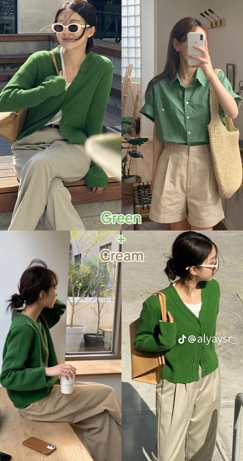 Green And Cream Outfit, Simple Style Outfits, Modest Casual Outfits, Mix Match Outfits, Colour Combinations Fashion, Color Combos Outfit, Minimalist Fashion Women, Color Combinations For Clothes, Business Casual Outfits For Work