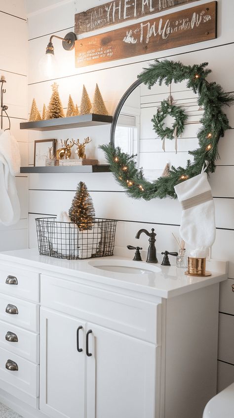 21+ Creative Christmas Bathroom Decor Ideas for a Festive Vibe - Evinco Design Wreath In Bathroom, Christmas Bathroom Decor Small Spaces, Christmas Bathroom Decor Ideas, Decor Small Spaces, Bathroom Christmas, Rustic Wooden Shelves, Red Towels, Classic Christmas Decorations, Christmas Bathroom Decor