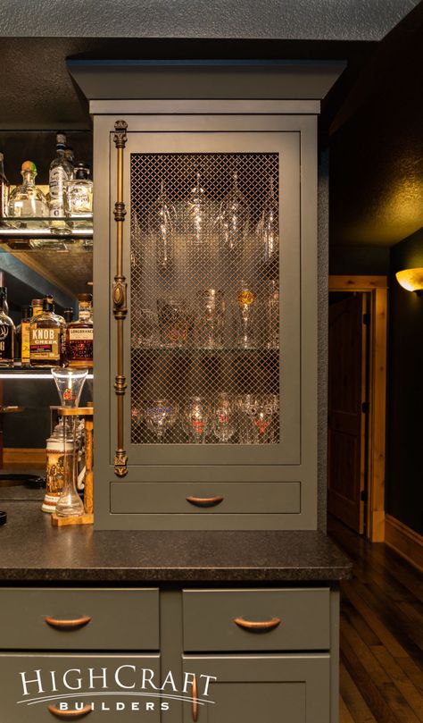 Speakeasy-Basement-Remodel-Glassware-Cabinet Art Deco Basement Bar, Art Deco Basement, Modern Speakeasy, Glassware Cabinet, Speakeasy Basement, Basement Speakeasy, Bar Nook, Whiskey Lounge, Speakeasy Bar