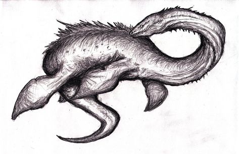 Loch Ness Monster, Plesiosaur Creature IV by KingOvRats.deviantart.com on @DeviantArt Monster Sketch, Monster Tattoo, Lake Monsters, Wave Drawing, Myths & Monsters, Monster Legends, Monster Drawing, Writing Fantasy, Sea Serpent