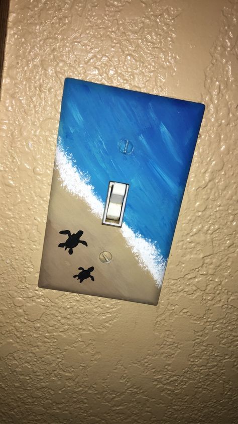 I painted the light switch cover in our walkway while my parents were alseep to see their reaction😬....... my mom loved it 😂 #painting #lightswitch #ocean #seaturtle #diy #diyhomedecor Painted Plug Covers, Ocean Light Switch Cover, Painting Light Switch Covers Ideas, Light Switch Covers Painting, Diy Light Switch Cover Ideas Paint, Painting Ideas On Light Switch, Lightswitch Ideas Painting Aesthetic, Light Switch Cover Painting Ideas, Cute Light Switch Covers Diy Paint