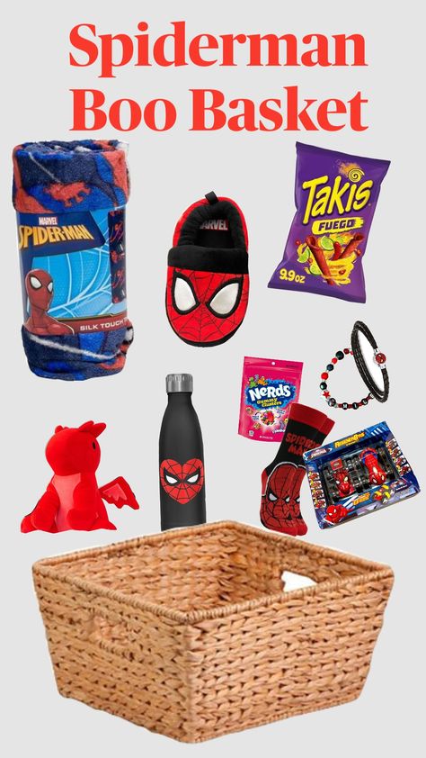 Spiderman Boo Basket Spiderman Boo Basket, Spider Man Gift Basket For Boyfriend, Spiderman Basket, Spiderman Gift Basket, Spiderman Gifts, Men Gift Basket, Spiderman Theme, Baskets For Men, Boo Basket