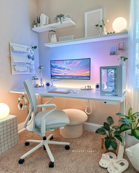 new year, new changes ✨ As you know, I get bored easily and I had been wanting to make tiny changes to my desk. One of those changes was… | Instagram Govee Lights, White Desk Decor, White Desk Setup, Fun Lighting, Modern Desk Chair, Desk Lights, Have A Wonderful Weekend, Desk Layout, Otaku Room