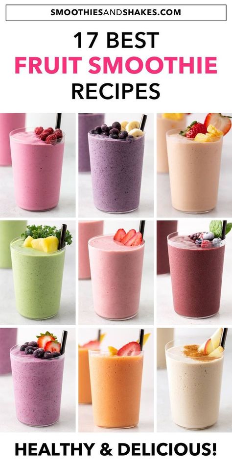 Fruit smoothies are a delicious and easy way to get more nutrients Here are 17 tasty fruit smoothie recipes that take just 5 minutes to make at home #smoothies #fruitsmoothies #smoothierecipes #healthysmoothies Dinner Smoothies Healthy, Best Easy Smoothie Recipes, Healthy Recipes For Smoothies, On The Go Smoothie Recipes, Strawberry Smoothie Healthy Breakfast, Smoothie Recipes With Fresh Fruit, 5 Ingredient Smoothies, Best Smoothie Combinations, Real Fruit Smoothies Recipes