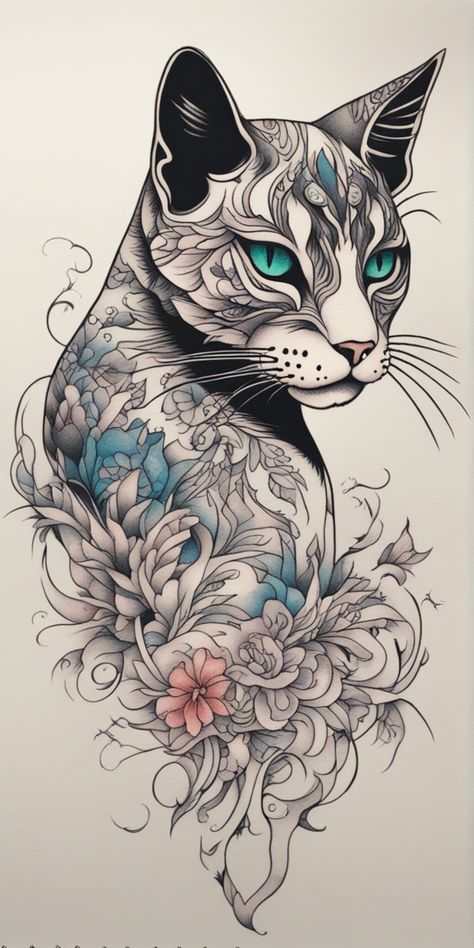 This is an image of a distinct blackwork style cat tattoo design. The vivid, colored tattoo pops against the minimalist blank canvas, showcasing a unique blend of simplicity and intricacy. Manx Cat Tattoo, Half Cat Half Human, Cat Mandala Tattoo, Spirit Animal Tattoo, Mandala Animals, Colored Tattoo, Cat Tattoo Design, Manx Cat, Engraving Ideas