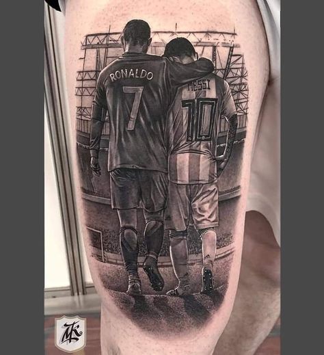 Ronaldo Tattoo Design, Cr7 Tattoo, Ronaldo Tattoo, Messi Tattoo, Polynesian Tattoo Sleeve, Messi Y Cristiano, Cristiano Messi, Cristiano Ronaldo And Messi, Football Tattoo