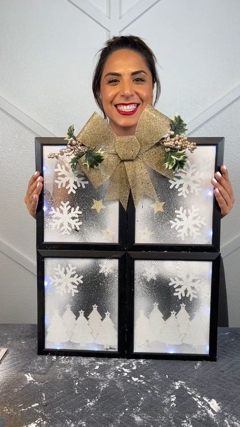 Christmas Picture Frame Ideas, Christmas Window Picture Frame, Dollar Tree Window Cling Crafts, Dollar Tree Picture Frame Christmas Crafts, Picture Frame Window, Snowflake Wreath From Dollar Tree Christmas Trees, Snowflake Made From Dollar Tree Christmas Trees, Diy Christmas Shadow Box Winter Scenes, Window Picture Frame