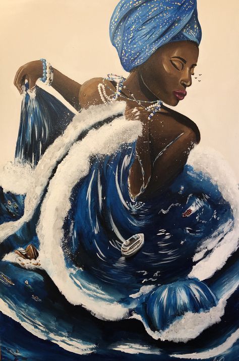 Yemaya Orisha, Yoruba Orishas, Orishas Yoruba, African Mythology, African Goddess, African Spirituality, Divine Nature, Afrocentric Art, Black Art Painting