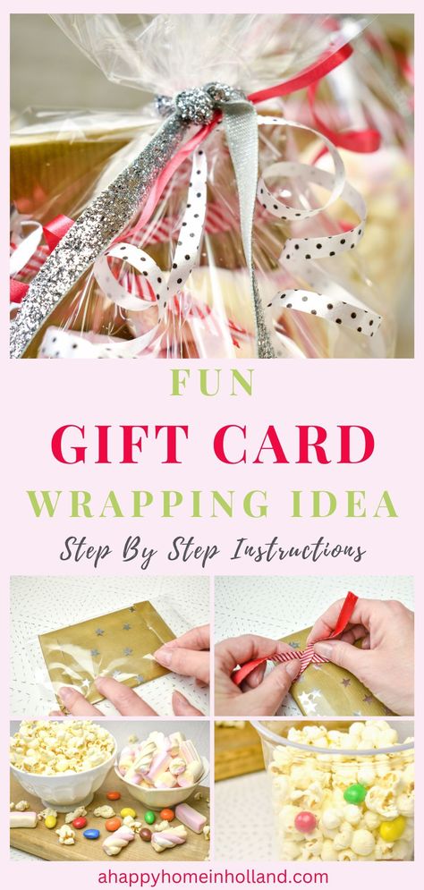 Gift Card Wrapping Idea graphic showing in process images Voucher Wrapping Ideas, Cute Ways To Wrap Gifts Birthdays, Gift Wrapping Ideas For Birthdays Kids, Book Gift Wrapping Ideas For Kids, How To Warp A Book Gift, Hand Wrapped Multi-strand Wrap Bracelet As Gift, Cinema Gift, Plastic Gift Wrap, Dog Themed Parties