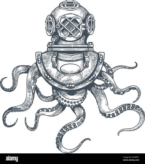 Diving Helmet Illustration, Andy Tattoo, Scuba Diver Tattoo, Diver Tattoo, Vintage Diver, Helmet Tattoo, Octopus Tattoos, Diving Helmet, Trade Books