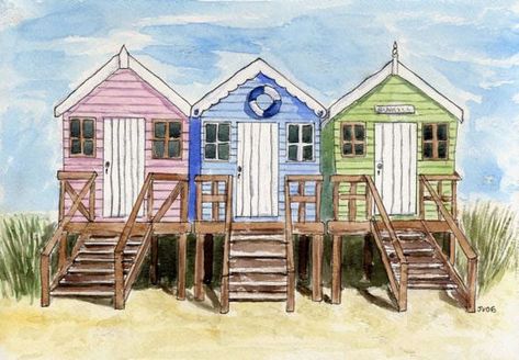 Beach Huts Art, Watercolor Paintings For Beginners, Beach Huts, House Drawing, Tropical Art, Beach Hut, Watercolor Inspiration, Beach Painting, Photo Images