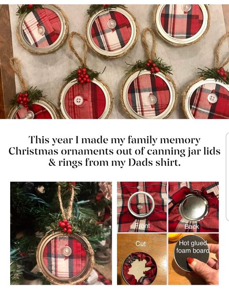 Christmas Ornaments From Clothes, Button Up Shirt Ornament, Old Shirt Christmas Ornament, How To Make Memory Ornaments From Clothing, Shirt Memory Ornaments, Ornament Out Of Old Shirt, Memorial Shirt Ornaments Diy, Christmas Ornaments Made From Loved Ones Clothing, Handmade Memorial Gifts