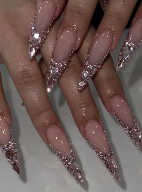 Stilleto Nails Gems, Diamond Stilleto Nails, Long Gem Nails, Diamond Stiletto Nails, Almond Nails Bling, Birthday Stiletto Nails, 21st Birthday Nails Acrylic, Bling Almond Nails, Birthday Nail Designs Bling