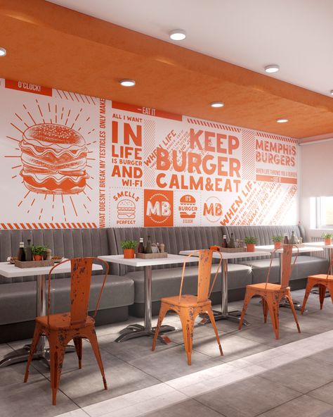 Memphis Burger Fast food cafe in Astana on Behance Fast Food Cafe Design, Resturant Ideas Design Interiors Fast Food, Fast Food Cafe Interior Design, Fast Food Interior Design Ideas, Sandwich Cafe Interior, Mexican Fast Food Restaurant Design, Fastfood Restaurant Interior, Fast Food Restaurant Design Interiors, Fastfood Design Interiors