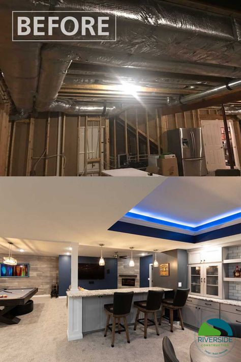 Basement Soffit Ideas Ceilings, Basement Lighting Exposed Ceiling, Exposed Ductwork Ceiling, Partially Finished Basement, Exposed Ductwork, Soffit Ideas, Basement Ceilings, Jam Room, Construction Portfolio