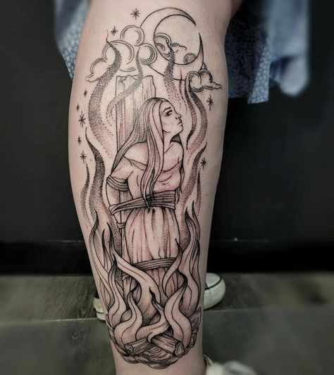 Witch At Stake Tattoo, Witch Trials Tattoo, Salem Witch Tattoo Ideas, Salem Witch Tattoo, Burning Witch Tattoo, Salem Witch Trails, Arm Tats, Scary Witch, Bone Tattoos