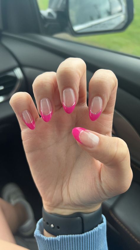 Hot Pink French Tip Gel Nails, Pink French Tip With Glitter Line Almond, Nail Inspo Hot Pink French Tip, Gel Nail Line Designs, Hot Pink Hoco Nails Almond, Pink French Tip Nails With Silver Line, Hot Pink And Silver Nails Acrylic, Pink French Tip Nails With White Line, Formal Nails For Pink Dress