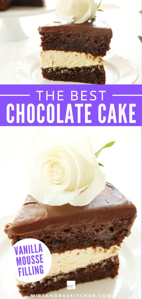 My taste testers told me this was the best chocolate cake they had ever had!  And when I told them I had started with a cake mix they were blown away - none of them knew a cake mix could taste homemade! My simple hacks, easy vanilla mousse cake filling (like Costco cake filling) and ganache riff on top will make you one heck of a chocolate cake! #chocolate #cake #baking #cakemix #costco Chocolate Cake With Vanilla Pudding, Costco Cake Filling, Vanilla Mousse Cake Filling, Vanilla Mouse, Vanilla Mousse Cake, Costco Chocolate Cake, Mousse Cake Filling, Chocolate Filling For Cake, Chocolate Cake Mix Recipes