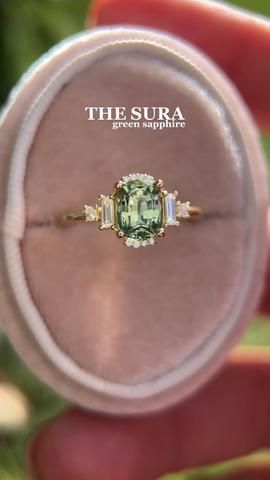 The first of ✨THREE✨ new Suras today! ✨unheated 1.3 CT green sapphire... | TikTok Green Sapphire Engagement Ring Vintage White Gold, The Sura Engagement Ring, Green Diamond Ring Engagement, Green Saffire Engagement Ring, Sapphire Engagement Ring Green, Engagement Ring Green Sapphire, Coloured Engagement Rings Stones, Sage Engagement Ring, Engagement Rings Green Sapphire