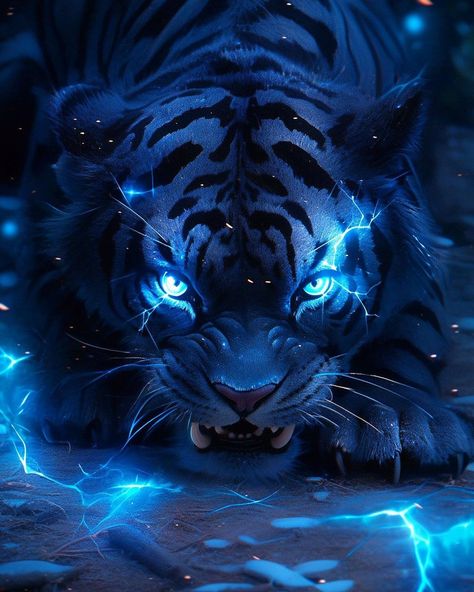 Lightning Tiger, Neon Tiger, Snow Tiger, Gothic Dragon, Mythical Creatures Fantasy, Blue Lightning, Big Cats Art, Dangerous Animals, Beautiful Art Pictures