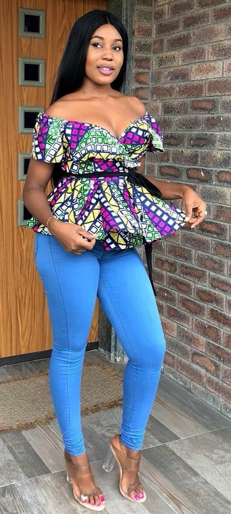 Ankara Tops On Jeans, Tops On Jeans, Ankara Off Shoulder Top, Ankara Tops, Afrocentric Fashion, African Print Tops, African Print Skirt, Ghanaian Fashion, Female Tops