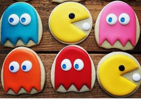 Arcade Themed Birthday Party, Pac Man Cake, Smile Cookies, Pac Man Party, Halloween Lunch Box, Cookie Games, Man Cookies, Mens Birthday Party, Cookie Frosting