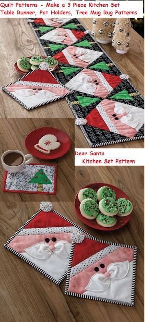 Make a Dear Santa Kitchen Set - Quilt Pattern for Pot Holder, Mug Rug, Table Runner #quilting #quilts #christmasdecor Santa Kitchen, Table Runner Christmas, Christmas Creative, Christmas Quilting, Christmas Sewing Projects, Mug Rug Patterns, Holiday Sewing, Kitchen Christmas, Pattern Quilt