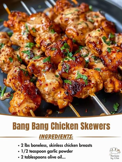 Mediterranean Kitchen Recipes | 🍗🌶️ Bang Bang Chicken Skewers 🌿🍢 | Facebook Chicken Skewers Grilled, Bang Bang Chicken Skewers, Bang Bang Chicken, Grilled Chicken Tenders, Skewers Grill, Chicken Entrees, Chicken Kabobs, Chicken Skewers, Sweet Chili Sauce