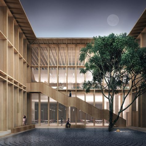 Tradition and Modernity Come Together in Mecanoo and HS Architects’ Proposal for the Longhua Art Museum and Library,Courtesy of Mecanoo Library Pictures, Timber Architecture, Library Architecture, Viborg, Wood Architecture, Vernacular Architecture, Architecture Rendering, Library Design, Chinese Architecture