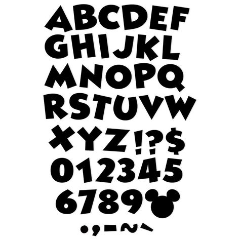 Eureka® Mickey Mouse® Throwback Black Deco Letters, 216 Characters Per Pack, 3 Packs | Try Eureka Reusable Punch Out Letters. Printed on coated paper with brilliant rich color, they are perfect for creating personalized projects in displays. Each punch-out, reusable letter measures 4", printed on long-lasting coated paper. Each pack includes 216 characters. Sold as 3 packs for a total of 648 characters. Mickey Mouse Letters, Disney Letters, Disney Alphabet, Holiday Fonts, Christmas Fonts, Disney Decor, Wedding Fonts, Punch Out, Elegant Font