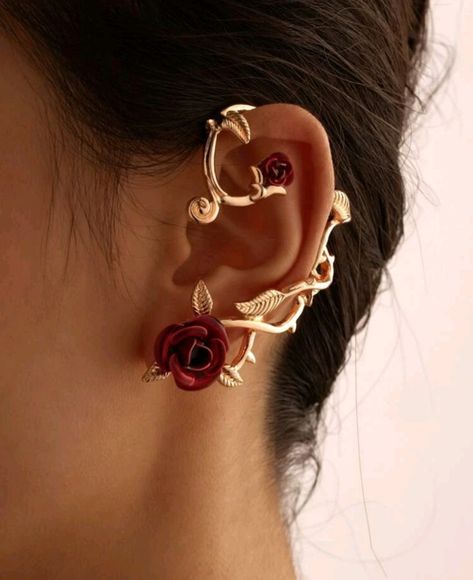 Pink Beauty And The Beast, Cuff Piercing, Beauty And The Beast Wedding Theme, Beauty And Beast Wedding, Rose Stud Earrings, Ear Climbers Earrings, Ear Climber, Fancy Jewelry, Trends 2022