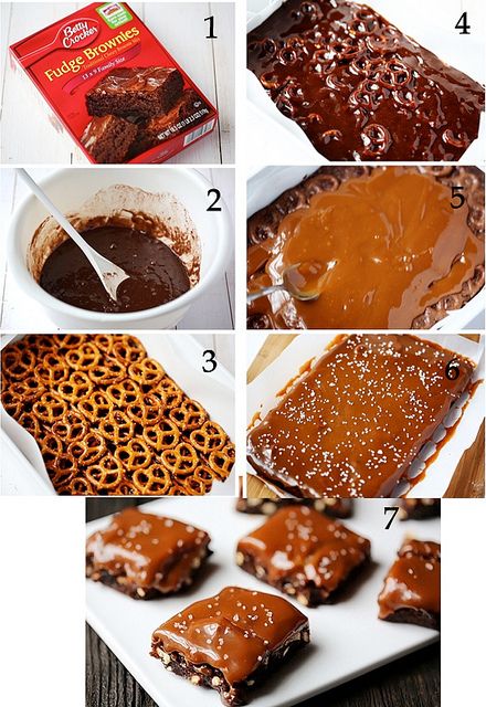 Salted Pretzel Caramel Brownies  To make them you need:  1 box Betty Crocker fudge brownies (for a 9×13 pan) 2 eggs 1/4 cup water 2/3 cup vegetable oil 3 cups pretzels 1 jar caramel sauce coarse sea salt Caramel Pretzel Brownies, Pretzel Caramel, Betty Crocker Fudge Brownies, Salted Caramel Pretzels, Dorito Chicken, Resep Brownies, Salted Pretzel, Caramel Pretzels, Fingerfood Party