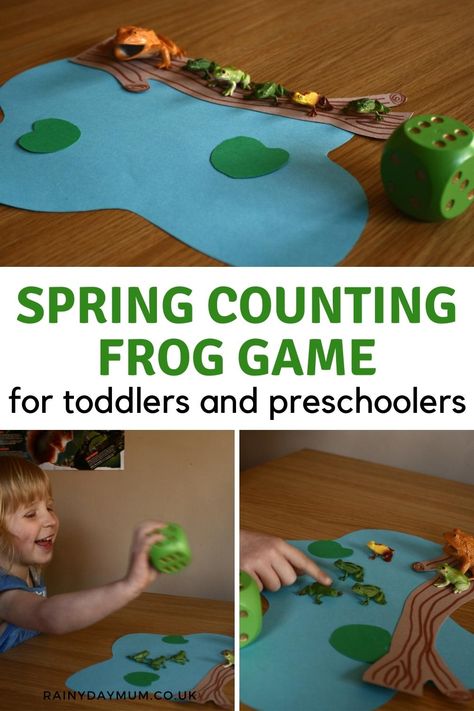 A simple DIY maths game for spring fun using frogs to count, add and subtract to use with preschoolers as they learn. Math Counting Games, Game For Preschoolers, Frog Activities, Frog Games, Spring Activity, Frog Pond, Counting Games, Math Counting, Spring Fun