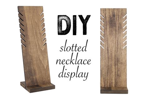 Detailed instructions on how to build your own with SVG file for your Glowforge laser and basic woodworking tools #kaizenwoodworks #diy #necklacedisplay Diy Wooden Jewelry Display, Diy Wood Jewelry Display, Bracelet Displays For Craft Shows, Display For Craft Show, Diy Necklace Display Stand, Wooden Necklace Display, Wooden Dowel Necklace Display, Wood Necklace Holder Stand, Diy Necklace Display