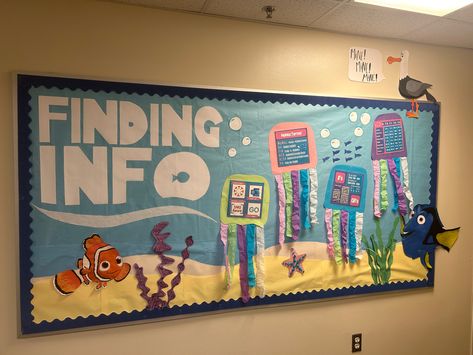 Finding Info Bulletin Board, Ratatouille Bulletin Board, Ra Wall Decorations, Finding Nemo Bulletin Board Ideas, Nemo Bulletin Board Ideas, Ra Summer Bulletin Boards, Parents Bulletin Board Ideas, Ra In And Out Board, Disney School Theme Ideas