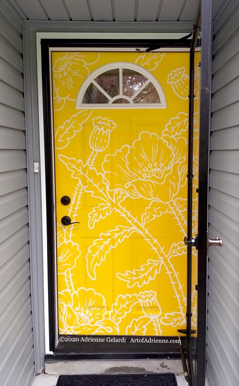 Poppy Door by Adrienne Gelardi Front Door Murals Painted, Garage Door Mural, Colourful Homes, Bedroom Door Decorations, Hand Painted Door, My Quote, Door Painting, Interior Murals, Door Mural