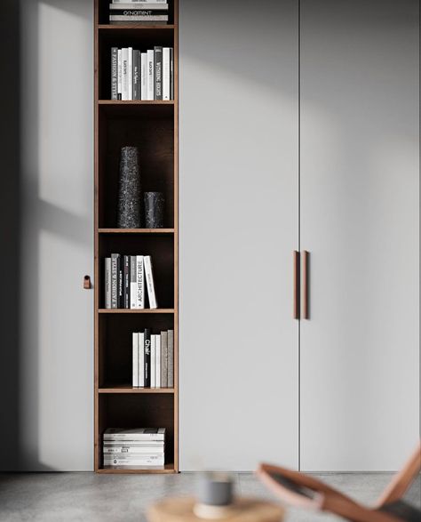 Scandinavian Built In Wardrobe, Wardrobe Bookshelf Ideas, Wardrobe With Book Shelf Design, Functional Closet, Living Room Closet, Fitted Wardrobes Bedroom, Wardrobe Door Designs, Luxury Closets Design, Wardrobe Interior Design