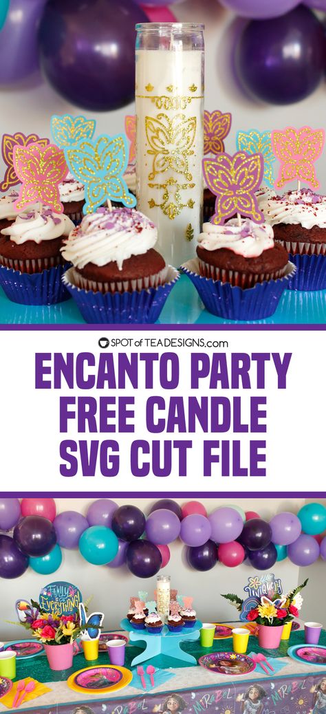 Encanto Party | Free Encanto Candle SVG Cut File - Spot of Tea Designs Encanto Birthday Decorations Diy, Encanto Candle Svg Free, Encanto Bday Party Ideas, Fiesta Svg Free, Free Encanto Svg, Encanto Party Decor, Encanto Theme Party Decorations, Diy Encanto Candle, Encanto Decorations